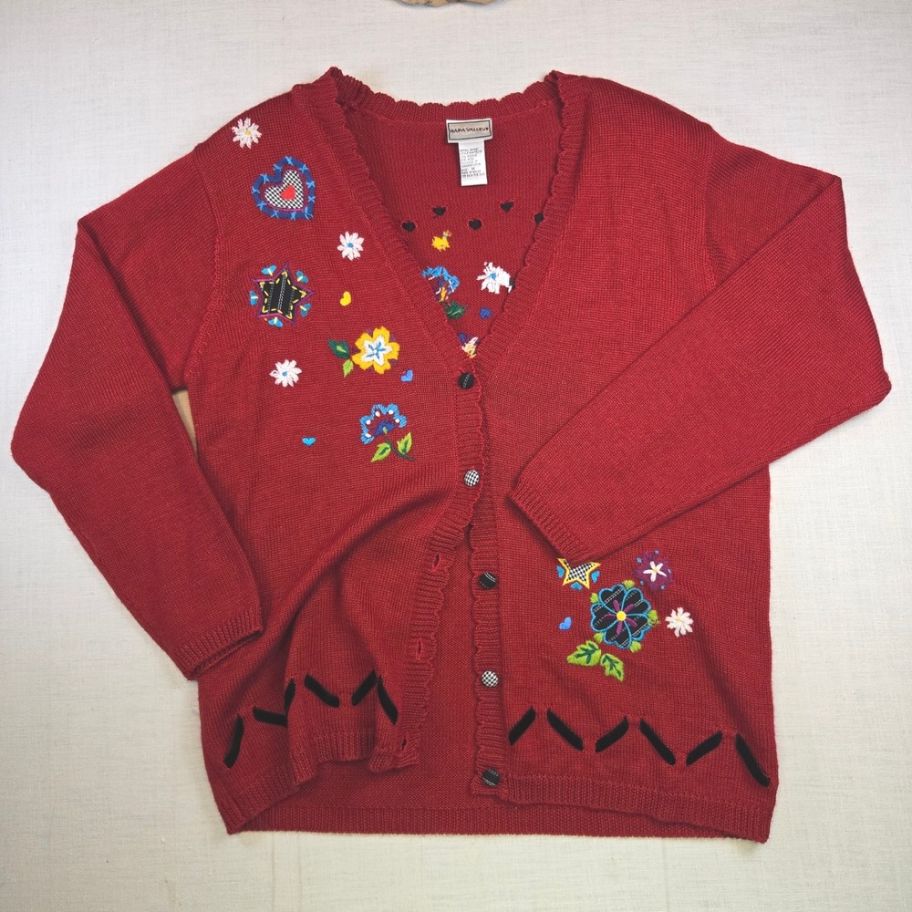 VTG Napa Valley Cardigan Sweater Medium Womens Red Floral Embroidered Macau EUC